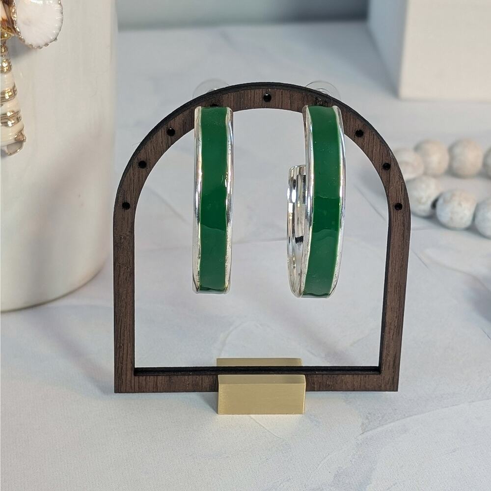 Bold Retro Vintage 1980s Pierced Silver-Tone 2" Kelly Green Hoop Earrings